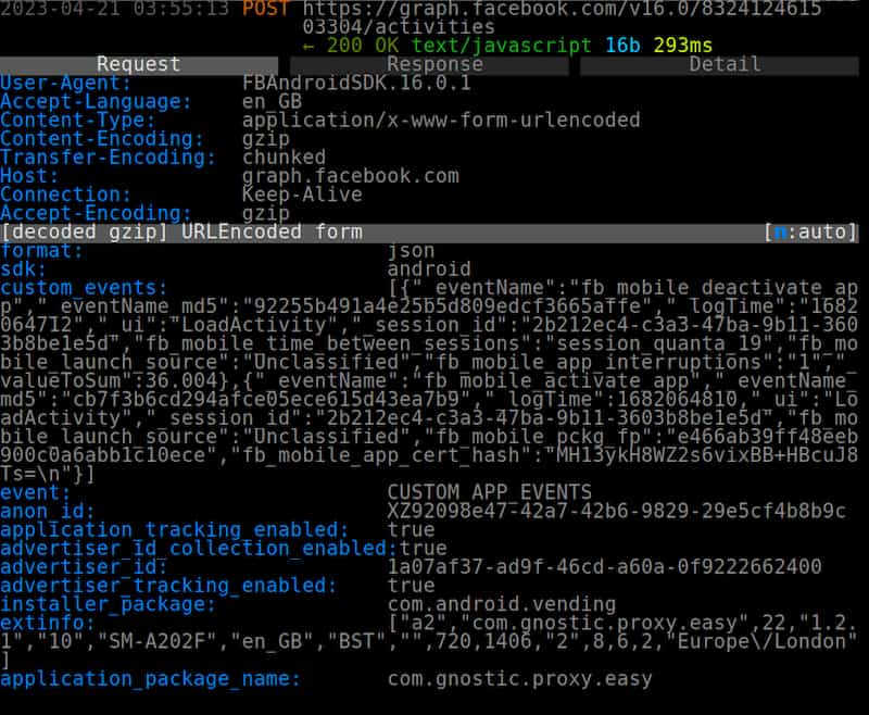 Screenshot of basic device information shared with Facebook by EasyConnect proxy app