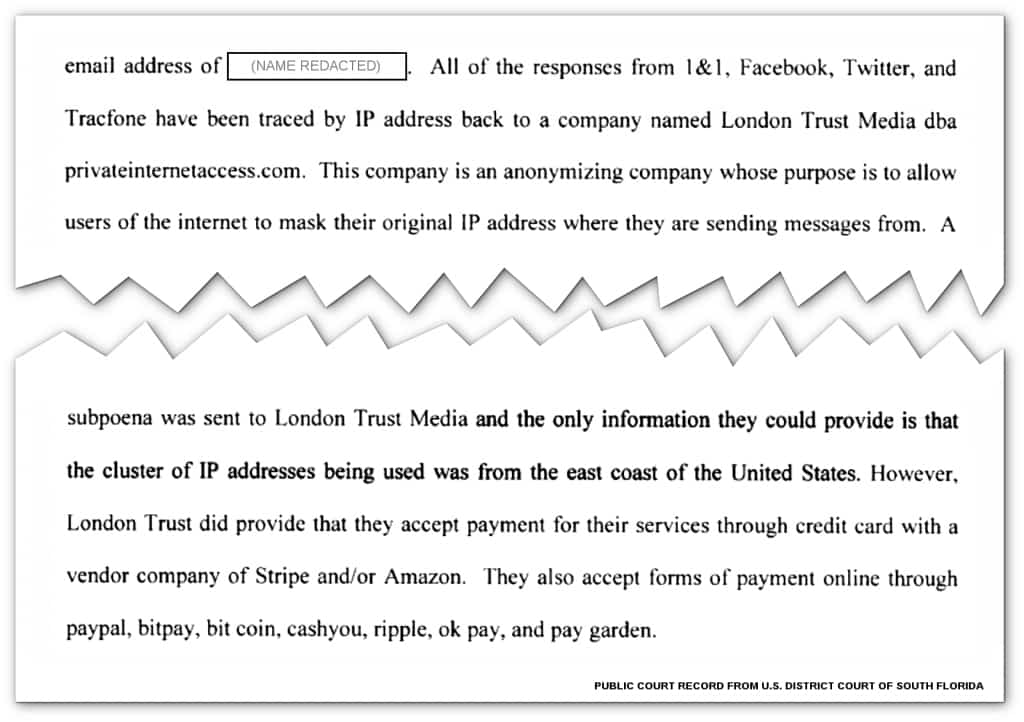 Excerpt from a court case document that verified the claims of PIA's logging policy
