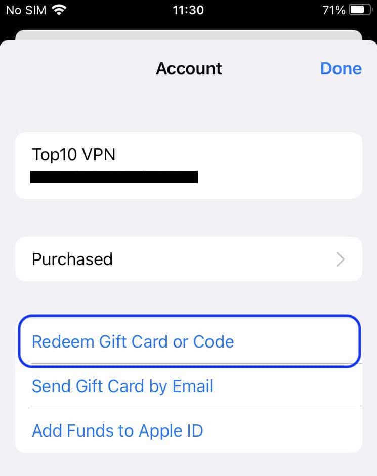 Schermata delle impostazioni dell'iPhone per riscattare una carta regalo