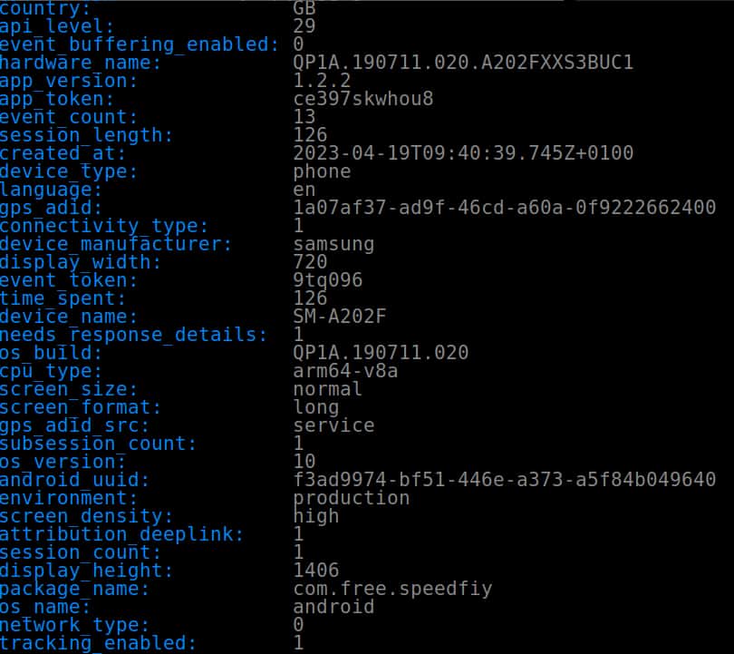 Screenshot of device fingerprinting on the Speedfiy proxy Android app