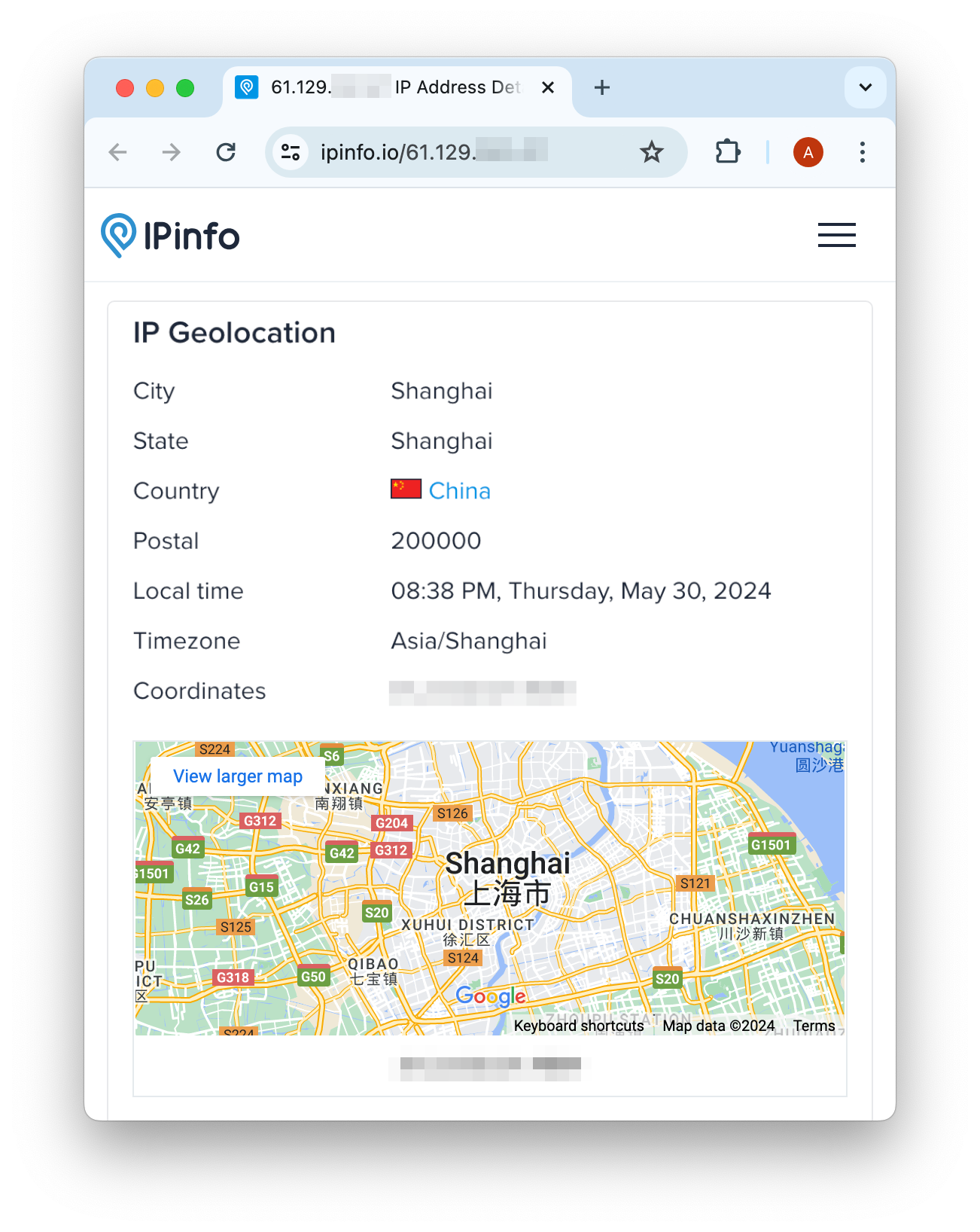 Our IP geolocation in Shanghai, China.