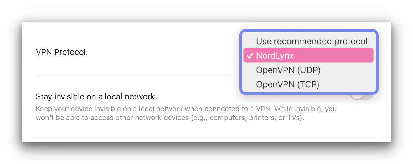 Screenshot of NordVPN's protocol list on macOS.