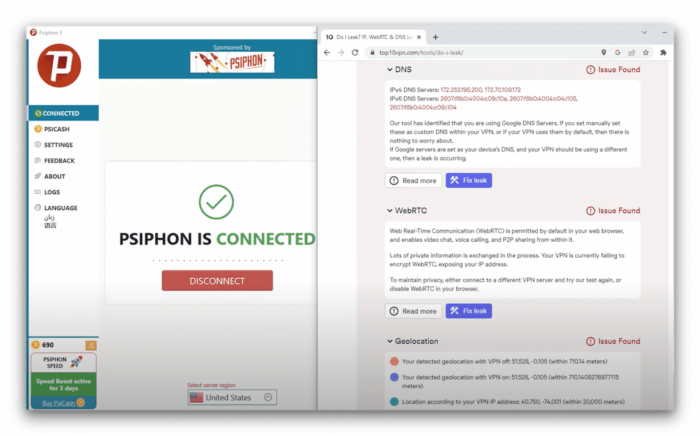 Screenshot from leak tests showing Psiphon proxy leaks way too much information to be private.