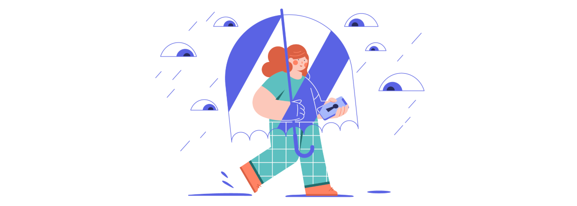 An illustration of a woman shielding herself from eyes with an umbrella