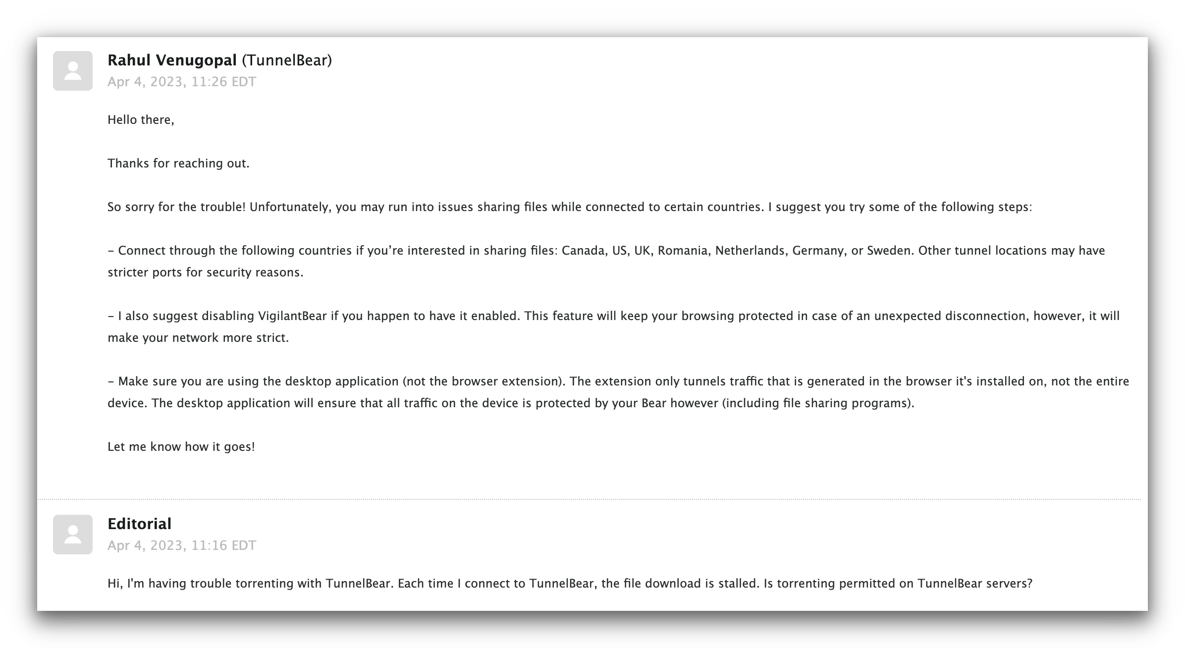 Email exchange with customer support from TunnelBear.