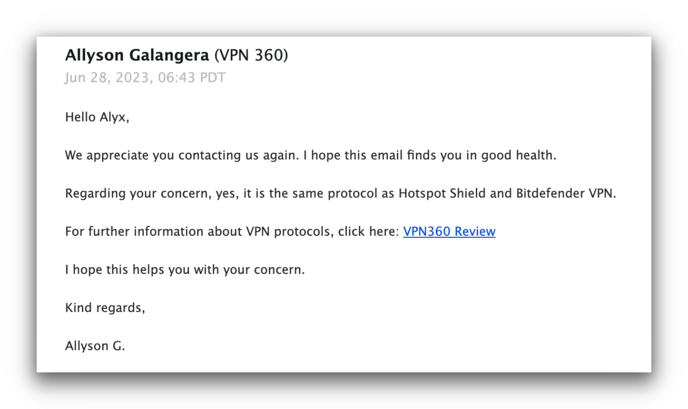 Weâve never seen a customer support agent link us to an external review for more information on a VPN service.