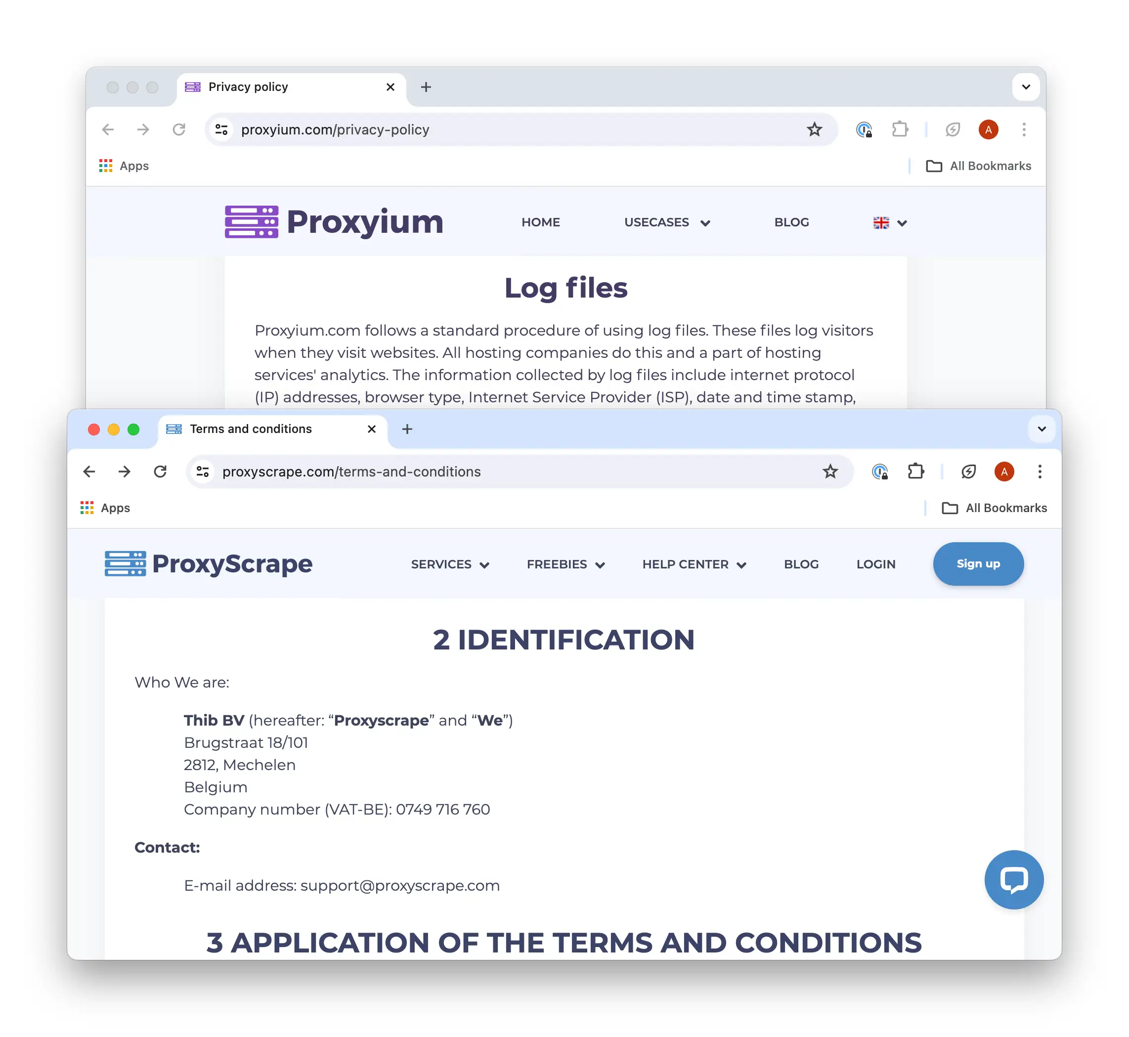 Schermata del sito web di Proxyium, che non mostra alcun dettaglio aziendale, e di Proxyscrape, che invece mostra dettagli aziendali.