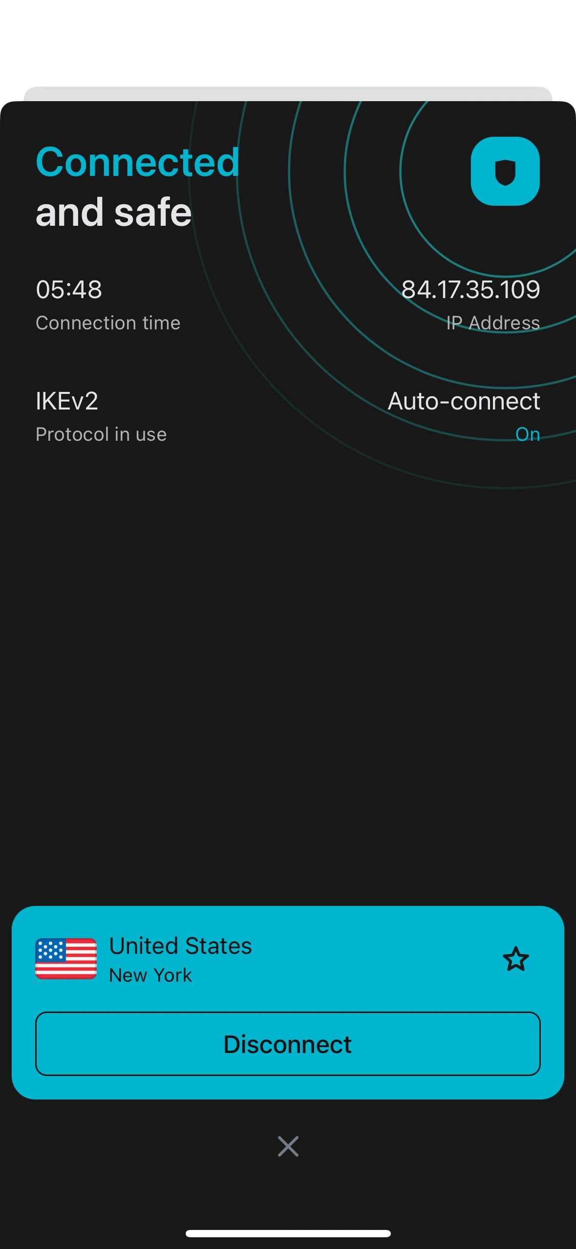Screenshot of a Surfshark connection on iOS, using IKEv2.